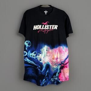 Hollister Black Rainbow Oil Slick Mens LG Long Skater Surf T-shirt Spell Out Tee